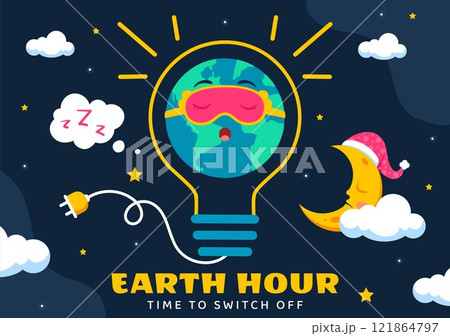 Happy Earth Hour Day Vector Illustration Featuring a Cloud, Light Bulb, World Map, and the Theme of Turning Off Lights in a Flat Cartoon Background 121864797