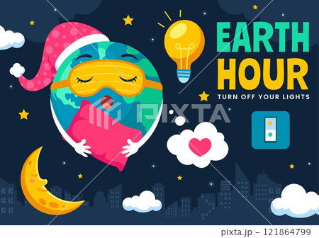 Happy Earth Hour Day Vector Illustration Featuring a Cloud, Light Bulb, World Map, and the Theme of Turning Off Lights in a Flat Cartoon Background Happy Earth Hour Day Vector Illustration Featuring a Cloud, Light Bulb, World Map, and the Theme of Turning Off Lights in a Flat Cartoon Background 121864799