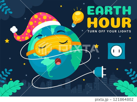 Happy Earth Hour Day Vector Illustration Featuring a Cloud, Light Bulb, World Map, and the Theme of Turning Off Lights in a Flat Cartoon Background Happy Earth Hour Day Vector Illustration Featuring a Cloud, Light Bulb, World Map, and the Theme of Turning Off Lights in a Flat Cartoon Background 121864802