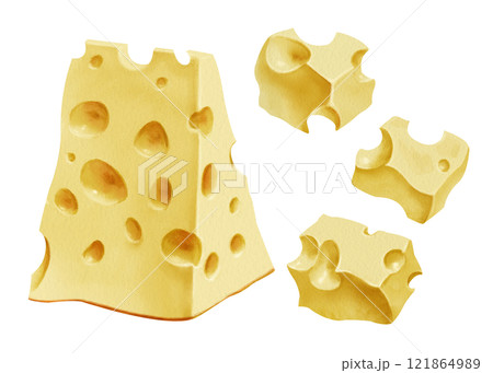 Realistic slice of yellow cheese with holes, isolated on a white background. Can be used for packaging designs, food blogs, recipe cards, or as an illustration in cookbooks and nutritional guides. 121864989
