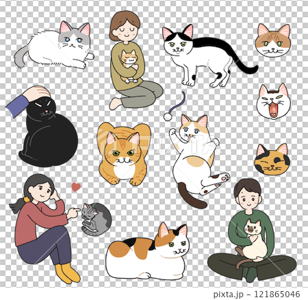 様々なポーズの猫種と人間の全身セット 121865046