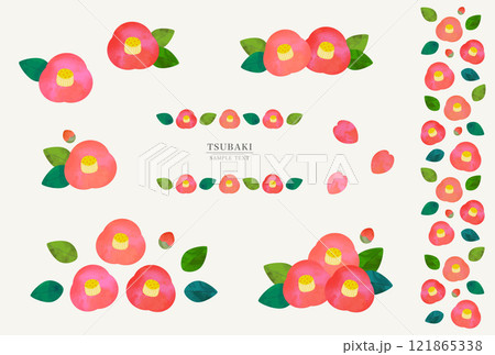 赤い椿の花の装飾イラスト素材セット(水彩風ベクター) 赤い椿の花の装飾イラスト素材セット(水彩風ベクター) 121865338