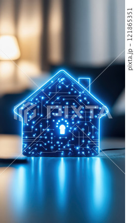 Digital house icon with glowing circuits and lock symbol Digital house icon with glowing circuits and lock symbol 121865351
