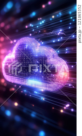 Digital cloud with vibrant lights and data streams 121865352