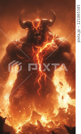 towering demon with molten skin and magma veins 121865385