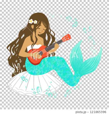 Hand drawn illustration of a mermaid woman playing the ukulele Hand drawn illustration of a mermaid woman playing the ukulele 121865396