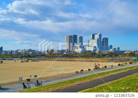 東京都大田区下丸子から多摩川ガス橋緑地越しに川崎市中原区方面の眺望 121865526