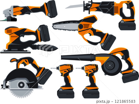 いろいろな充電式の電動工具イラストセット いろいろな充電式の電動工具イラストセット 121865583
