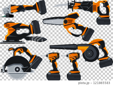いろいろな充電式の電動工具イラストセット いろいろな充電式の電動工具イラストセット 121865583