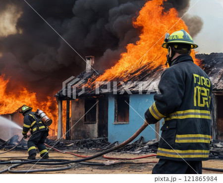Firefighters battling house fire with intense flames and smoke. Generated AI. 121865984