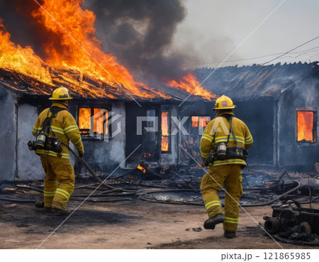 Firefighters battling intense flames at a burning house. Generated AI. Firefighters battling intense flames at a burning house. Generated AI. 121865985