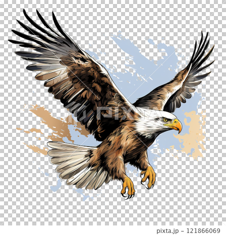 Dynamic illustration of soaring bald eagle with spread wings against watercolor splash background, detailed vector art style. Bird. Wildlife Animals. Dynamic illustration of soaring bald eagle with spread wings against watercolor splash background, detailed vector art style. Bird. Wildlife Animals. 121866069