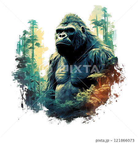 Majestic gorilla portrait in jungle setting, artistic digital illustration with teal and amber color palette and watercolor effects. Wildlife Animals. 121866073