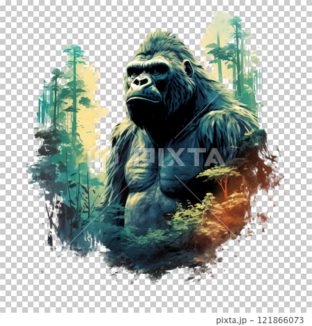 Majestic gorilla portrait in jungle setting, artistic digital illustration with teal and amber color palette and watercolor effects. Wildlife Animals. 121866073