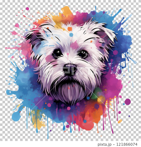 A playful Maltese dog portrait with vibrant watercolor splashes, perfect for pet-themed designs, greeting cards, and social media. Pet. Animals. 121866074