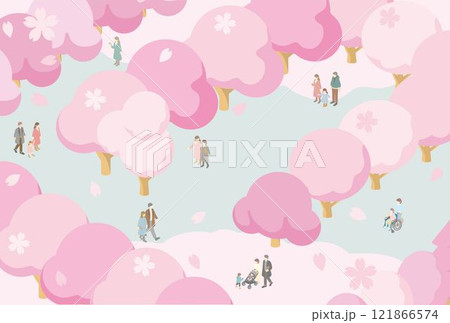アイソメトリック　人物　家族　ファミリー　キッズ　春　お花見　さくら　桜　サクラ　背景　イラスト素材 121866574