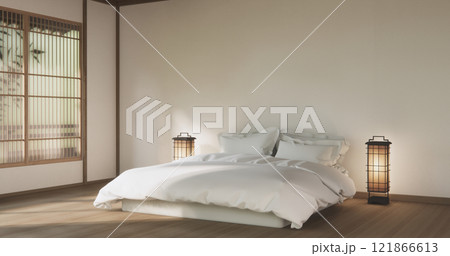 Bedroom minimal style. Modern white wall and wooden floor, room minimalist. 121866613