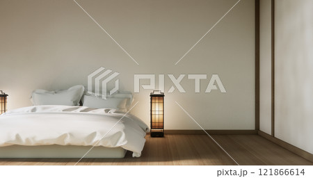 Bedroom minimal style. Modern white wall and wooden floor, room minimalist. 121866614