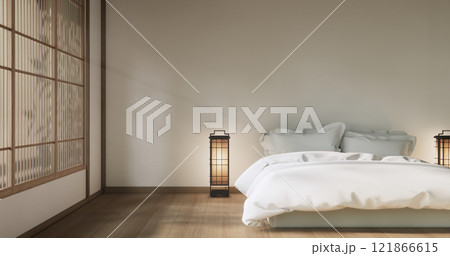 Bedroom minimal style. Modern white wall and wooden floor, room minimalist. 121866615