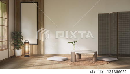 modern japan Low table and pillow in room minimalist scene with decoration muji style. 121866622