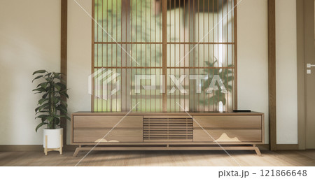 Modern Cabinet wood design on white wall room scene. 121866648