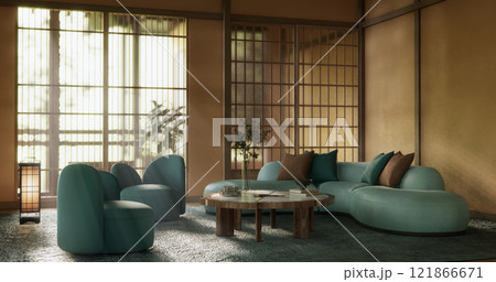 Mocha concept Scene living room have green sofa and decoration wooden minimalist design, room japanese style. Mocha concept Scene living room have green sofa and decoration wooden minimalist design, room japanese style. 121866671