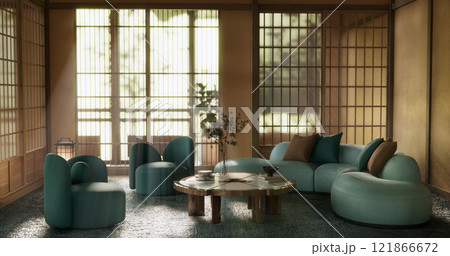 Mocha concept Scene living room have green sofa and decoration wooden minimalist design, room japanese style. 121866672