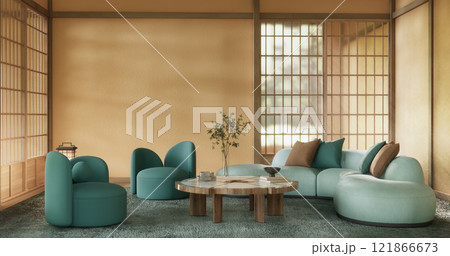 Mocha concept Scene living room have green sofa and decoration wooden minimalist design, room japanese style. Mocha concept Scene living room have green sofa and decoration wooden minimalist design, room japanese style. 121866673