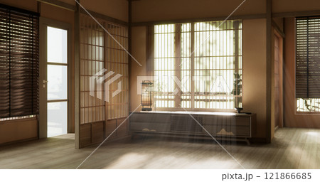 Modern Cabinet wood design on brown light wall room scene. 121866685