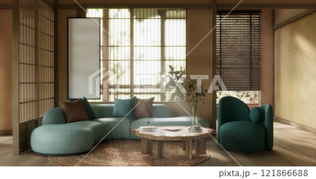 Mocha concept Scene living room have green sofa and decoration wooden minimalist design, room japanese style. 121866688