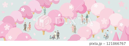 バナー　アイソメトリック　人物　家族　ファミリー　キッズ　春　お花見　さくら　桜　イラスト素材 121866767