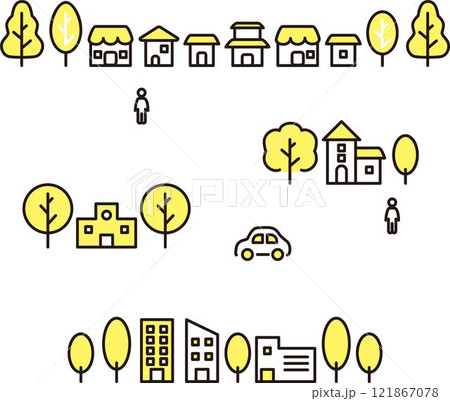 アイコン　ピクトグラム　あしらい　建物　家　人　車　シンプル　線　かわいい　イラスト素材セット 121867078