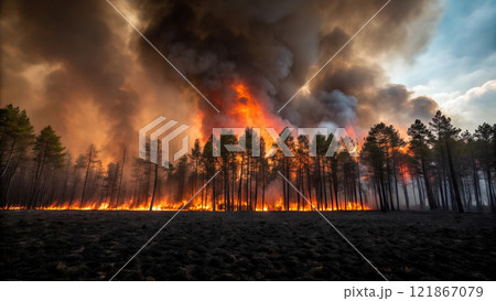 A forest engulfed in flames during intensified. Wildfire with intense flames and smoke. Created with Generative AI. 121867079