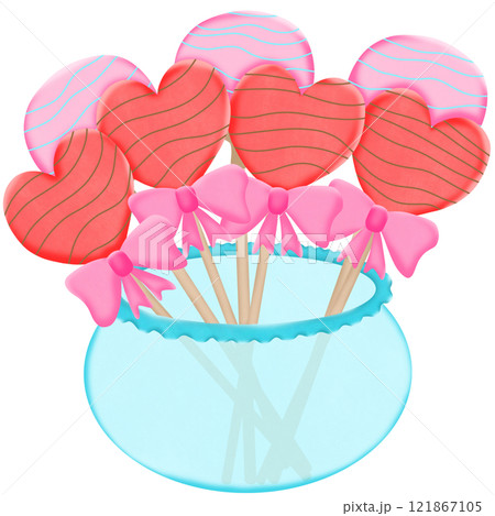 A Valentine jar filled with heart and round lollipops on wooden sticks, sweet and festive 121867105
