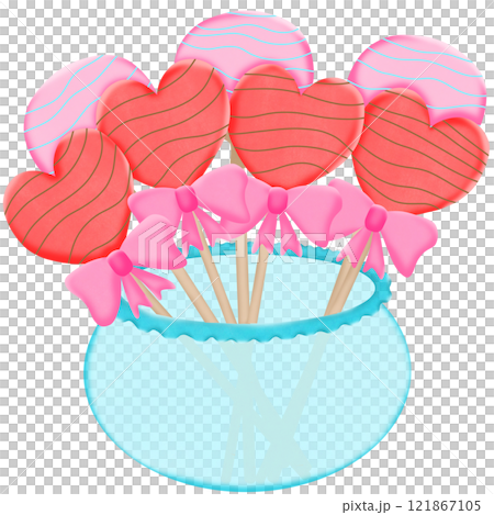 A Valentine jar filled with heart and round lollipops on wooden sticks, sweet and festive 121867105