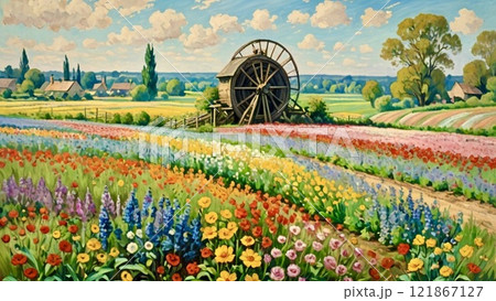 水車と花畑 121867127