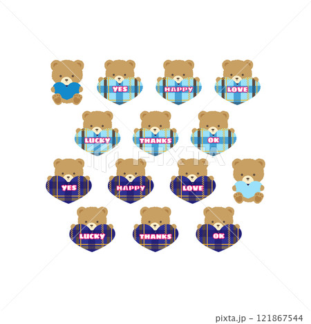 青と水色のかわいいくまのぬいぐるみとハートの文字色々 青と水色のかわいいくまのぬいぐるみとハートの文字色々 121867544