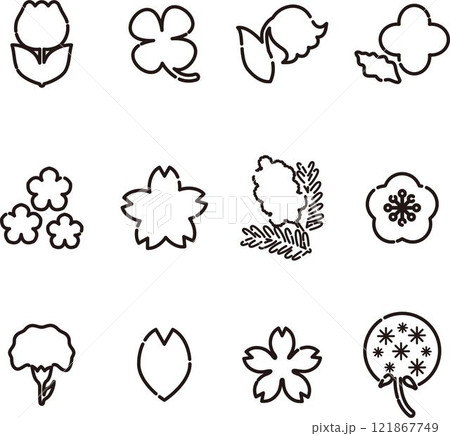 花　アイコン　あしらい　ピクトグラム　ロゴ　飾り　かわいい　シンプル　線　デザイン　イラスト素材 121867749