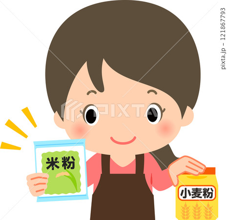小麦粉を置いて米粉を手に取るエプロン姿の女性 小麦粉を置いて米粉を手に取るエプロン姿の女性 121867793