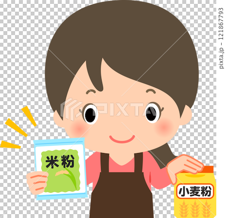 小麦粉を置いて米粉を手に取るエプロン姿の女性 小麦粉を置いて米粉を手に取るエプロン姿の女性 121867793