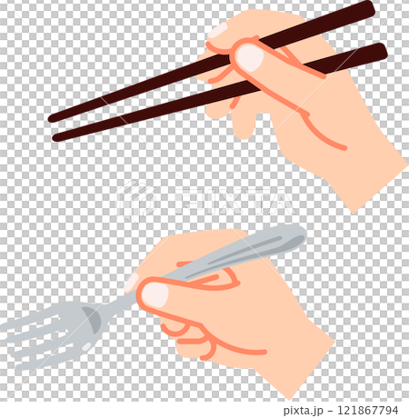 Hands holding chopsticks and fork 121867794