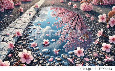 桜の花びらと水たまりの反射が描く春の繊細な風景イラスト 桜の花びらと水たまりの反射が描く春の繊細な風景イラスト 121867813
