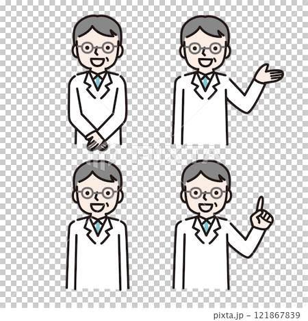 穿著白大褂、戴著眼鏡、微笑著引導你的男人（上半身）：插圖素材 121867839