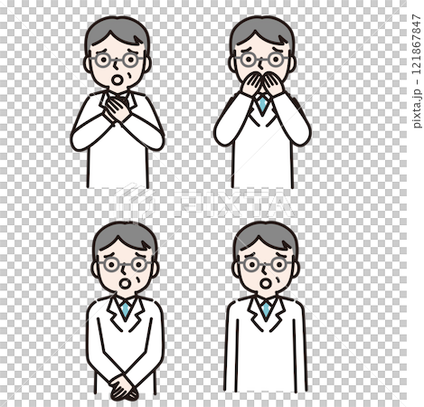 A man in a white coat wearing glasses with a troubled face (upper body): Illustration material A man in a white coat wearing glasses with a troubled face (upper body): Illustration material 121867847