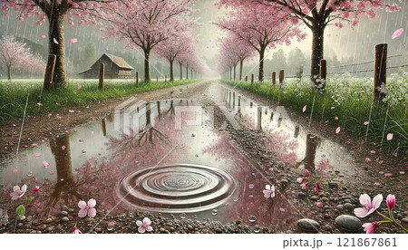 雨に濡れる桜並木と水たまりの反射が描く牧歌的な春の風景イラスト   121867861