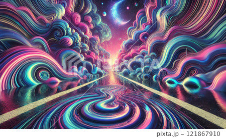 ネオンカラーの幻想的な風景と流れる模様が描くサイケデリックな未来世界   121867910