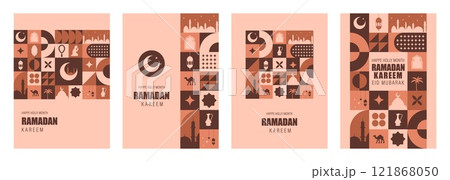 Ramadan Mubarak postcard. Set of Minimal vintage 20s geometric design poster with traditional shapes elements. Neo geometrical pattern. Vector illustration in bauhaus minimalist style. Ramadan month Ramadan Mubarak postcard. Set of Minimal vintage 20s geometric design poster with traditional shapes elements. Neo geometrical pattern. Vector illustration in bauhaus minimalist style. Ramadan month 121868050