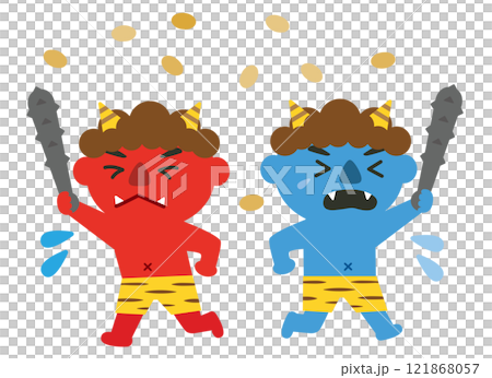 節分_豆まき_鬼払い_逃げる赤鬼と青鬼のイラスト素材 [121868057] - PIXTA