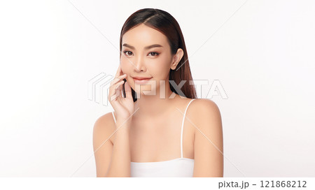 Beautiful young asian woman with clean fresh skin on white background, Face care, Facial treatment, Cosmetology, beauty and spa, Asian women portrait. 121868212