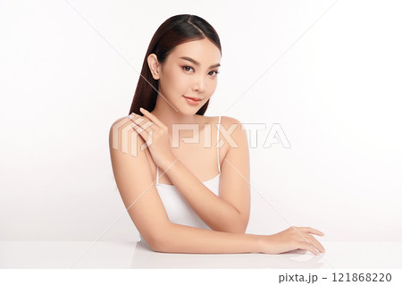 Beautiful young asian woman with clean fresh skin on white background, Face care, Facial treatment, Cosmetology, beauty and spa, Asian women portrait. 121868220